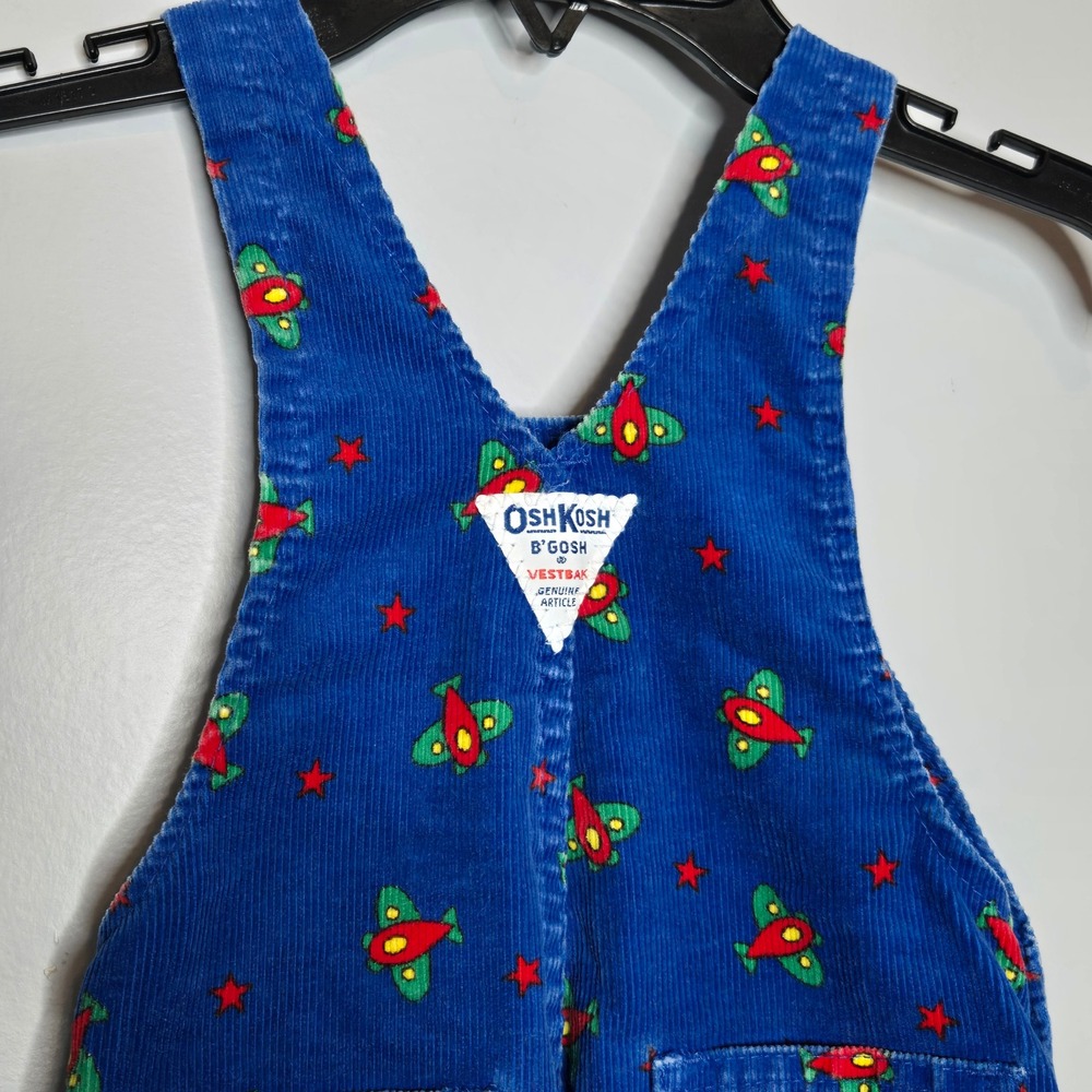 Vtg OshKosh B'gosh Blue Corduroy Airplane Star Print Overalls Kids 24 Months - Picture 5 of 9